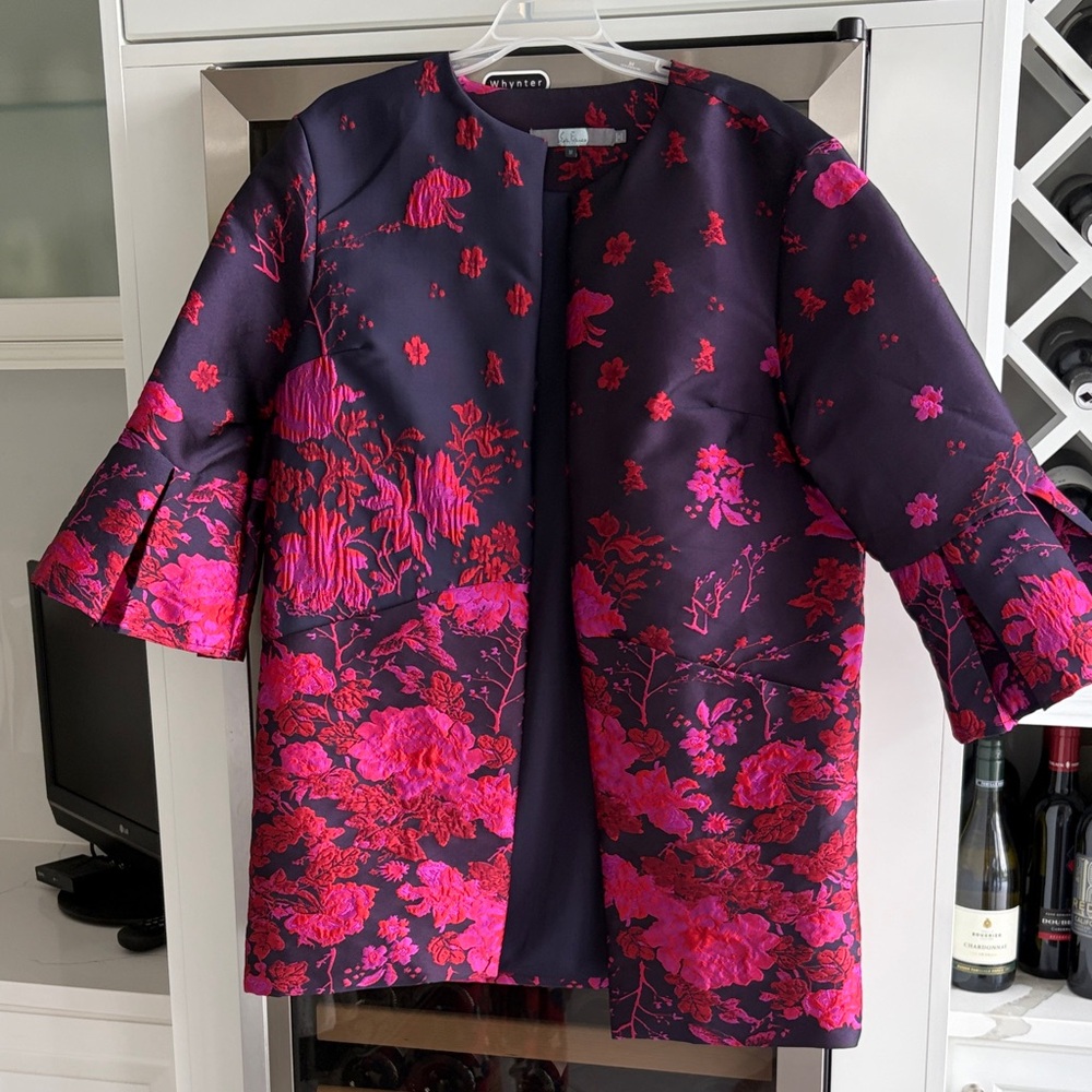 Anthropologie Navy Jacket with Fuchsia Floral Jacquard
